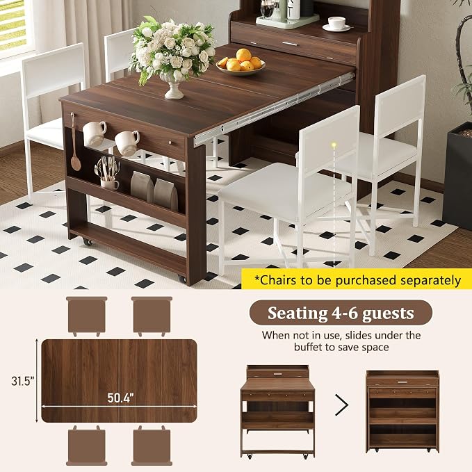 Kitchen Storage Cabinet with Hutch and Extendable Dining Table, 33.5" - Image 3