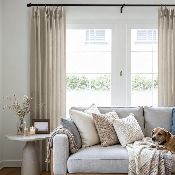 96 Inch Pinch Pleated Linen Textured Curtains Burlywood Birch | Tan, Semi Sheer - Image 7