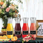 Glass Carafe with Acrylic Lid,35 Oz Beverage Dispensers Carafe,Mimosa Bar Supplies,Clear Glass Pitcher with Name Labels for Iced Tea,Coffee,Juice(Set of 2)