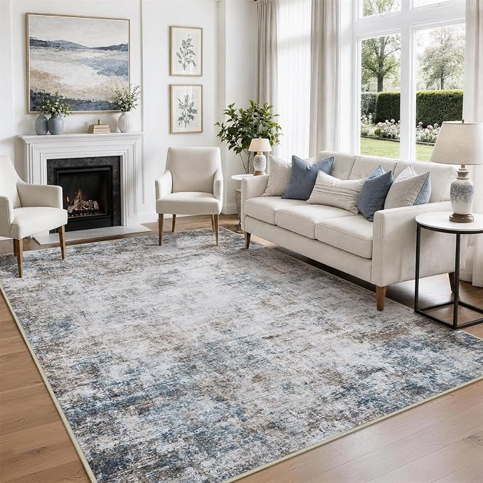 5x7 Area Rugs for Living Room Washable Bedroom Dining Room Brown Blue | Modern - Image 9