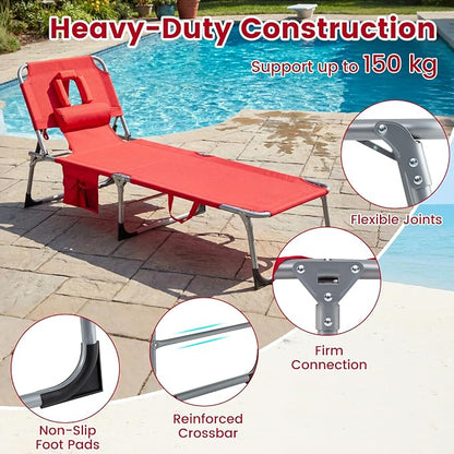 Goplus Tanning Chair, Folding Adjustable Patio Lounger w/Face Arm Holes - Image 7