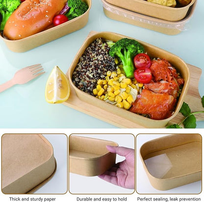 50 Sets 17oz Disposable Kraft Paper Bowls with Lids, Rectangle Paper Food Containers with Lids, Salad Bowls for Hot/Cold Food, Soup, Meal Prep, Ice Cream, Takeout, Party Supplies(500ml)