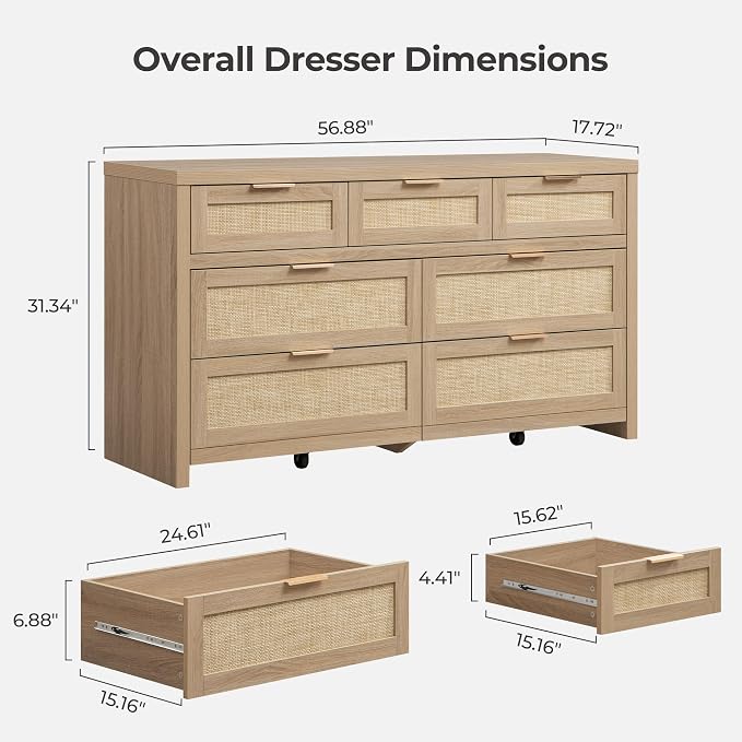 SICOTAS 7 Drawer Dressers for Bedroom Set 2, Long Rattan Dresser, Dresser TV - Image 3