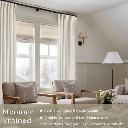 Natural Pinch Pleated Linen Curtains 112 Inches Long 2 Panels Set | Memory - Image 2
