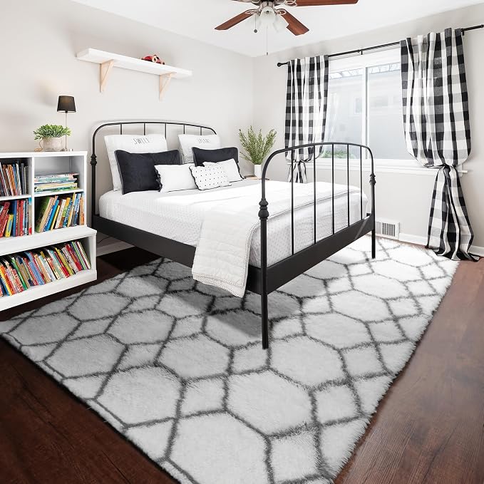 Area Rugs for Living Room, 7x10 Fluffy White and Grey Geometric Bedroom Rug | - Image 8