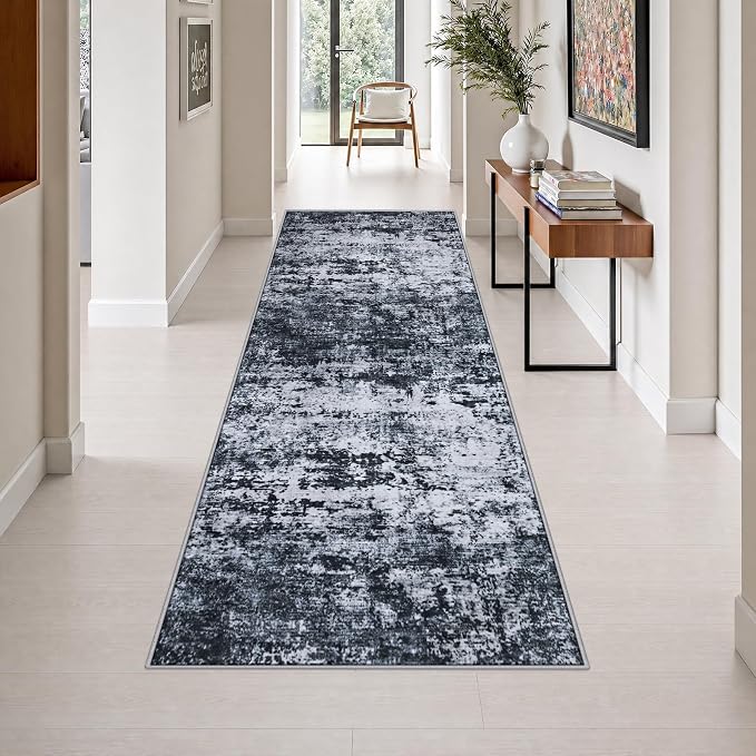 3x8 Washable Runner Rug：Modern Abstract Kitchen Carpet Black | by FXRHLP