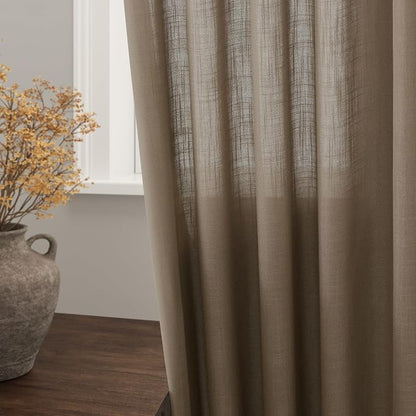 Dark Taupe Linen Sheer Curtains 54 Inch Length 2 Panel Set Back Tab Rod Pocket - Image 2