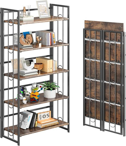 4NM No Assembly 5 Tiers Folding Bookshelf, 59.4" H Foldable Storage Shelves by 4NM