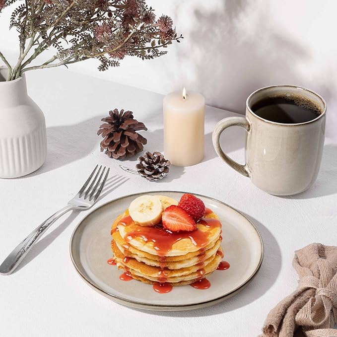 Herogo Ceramic 7.9 Inch Dinner Dessert Plates Set of 6, Small Stoneware Dinnerware Plate Set, Double Reactive Glaze Large Dinnerware Plates for Kitchen, Microwave, Oven & Dishwasher Safe, Cream Khaki