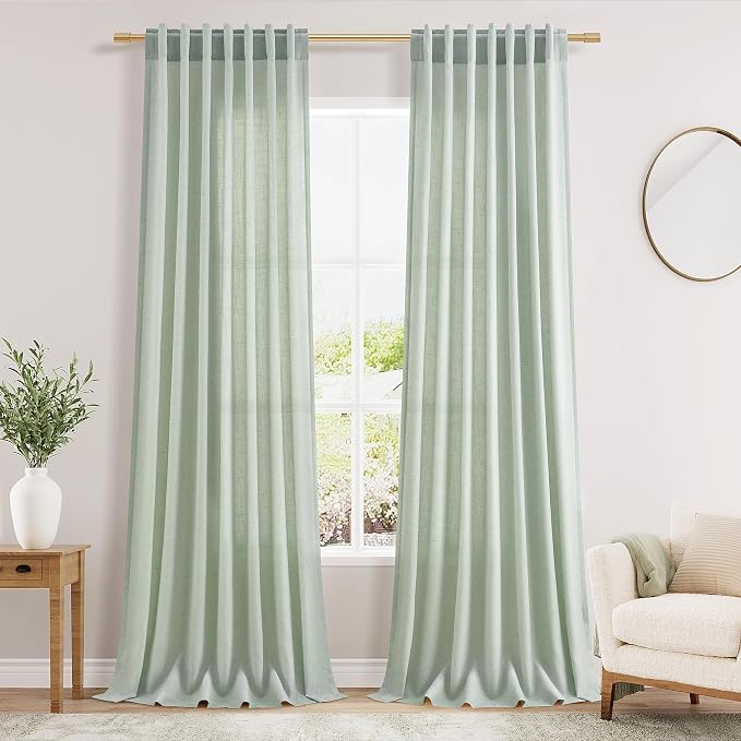 Aqua Green Linen Curtains Semi Sheer 96 Inches Long 2 Panels Set by Nanspring