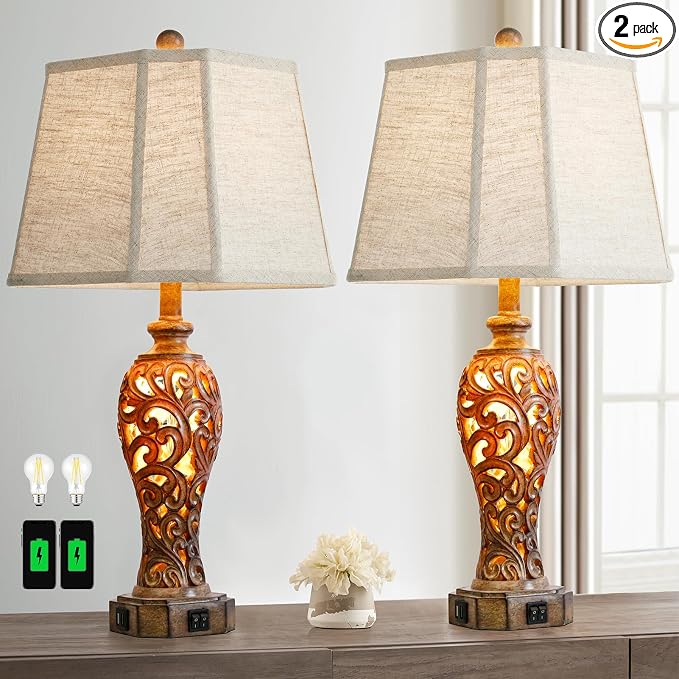Set of 2 Rustic Table Lamps for Living Room Bedroom, 2 USB Ports 25'' Vintage by Reyokale