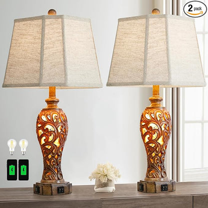 Set of 2 Rustic Table Lamps for Living Room Bedroom, 2 USB Ports 25'' Vintage by Reyokale