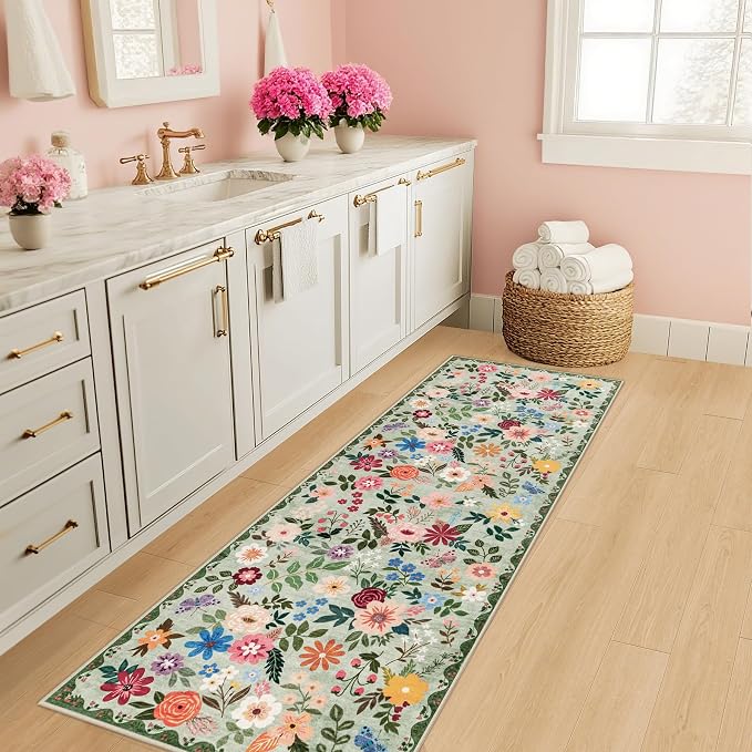 PLHXFR 2.6x8 Washable Runner Rug：Floral Indoor Kitchen Soft Carpet Green | - Image 5