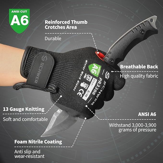 FreezeGuard Winter Work Gloves for Men and Women, ANSI A6 Cut Resistant Gloves With Super Grip, Freezer Glove for Work, Touchscreen, Thermal Insulated, PR3388, Non PFAS, Black Knight (XXL, 1 Pair)