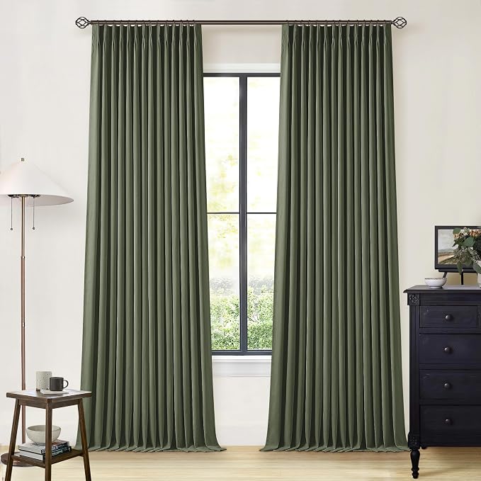 Olive Green Blackout Linen Curtains 108 Inches Long Pinch Pleated | 100% Black by Twodrapes