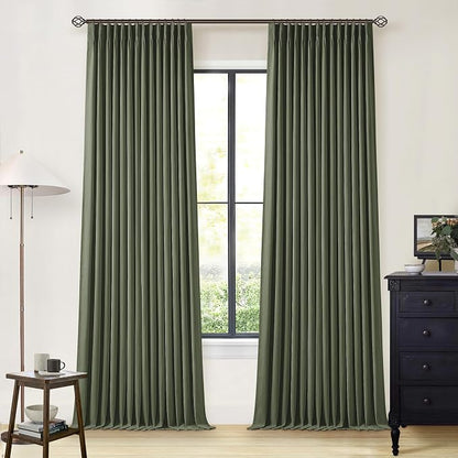 Olive Green Blackout Linen Curtains 108 Inches Long Pinch Pleated | 100% Black by Twodrapes