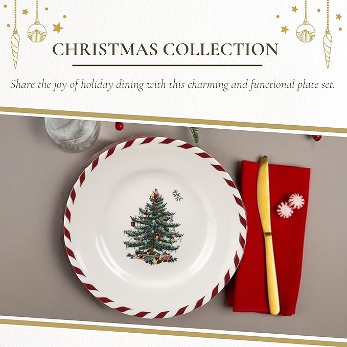 Spode Christmas Tree Canape Plates - Set of 4 | Peppermint Design, Holiday Appetizer Plate | Christmas Serving & Festive Dish | Seasonal Decorative Plate, Holiday Tableware