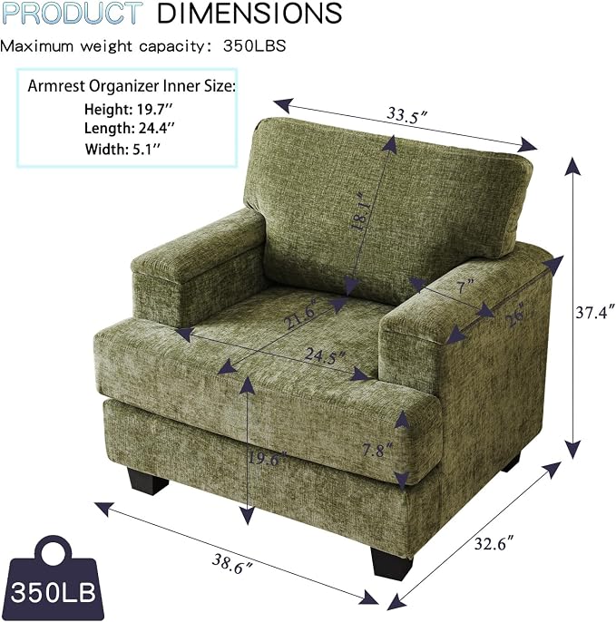 Oversized Living Room Chairs Set of 2, Comfy Accent Chair - Image 2