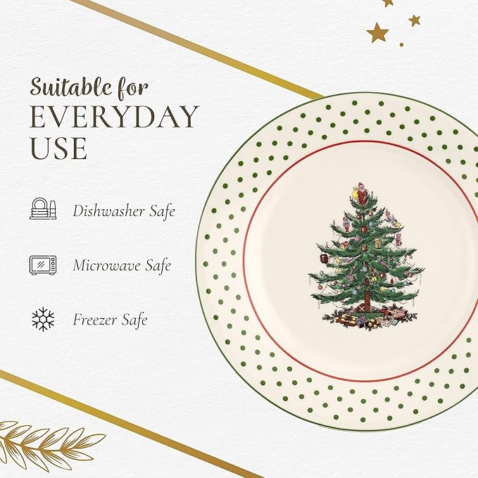 Spode Christmas Tree Polka Dot Dessert Plate (Set of 4) - Festive 8-Inch Stoneware Plates for Holiday Entertaining, Appetizers, Snacks - Microwave, Dishwasher, Freezer Safe Party Appetizer Dishes