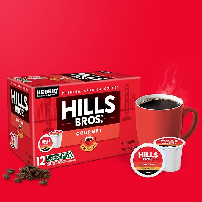 Hills Bros. Gourmet Blend Keurig K-Cup Pods for Keurig Brewers – Medium Roast Premium Arabica Blend, Kosher – 1 Pack of 12 Single Serve Pods
