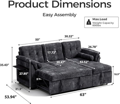 Convertible Sleeper Sofa Bed, 63 Inch Chenille Pull Out Couch - Image 2