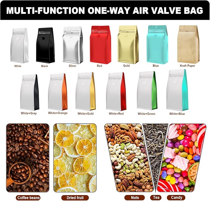 Coffee Bags with Valve(60pcs,16 oz,1 lb) Vented Coffee Beans Packaging Bags High Barrier Aluminumed Foil Flat Bottom Heat Sealed Side Zipper Resealable Storage Bag for Home or Business（White+Green）