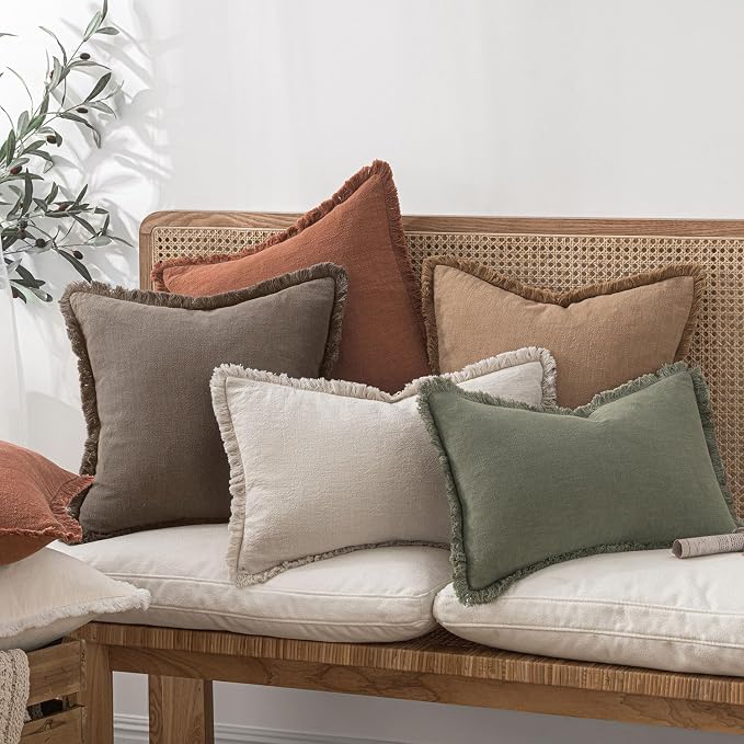MIULEE Boho Linen Fringe Decorative Fall Throw Pillow Covers Coffee 20x20 | Set - Image 7