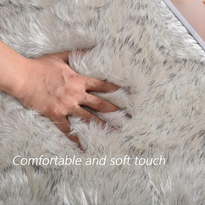 Latepis White and Grey Tips Faux Fur 8'10"x11'10" Area Rug, Soft Plush Faux Fur - Image 4