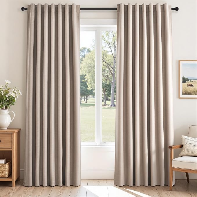 90 inch long linen Blackout curtains 2 Panels 100% Black out Linen texture by Topfinel