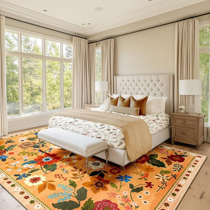 RELEANY Floral Washable 3x5 Area Rugs Yellow/Orange/Red | Flower Carpet Print - Image 9