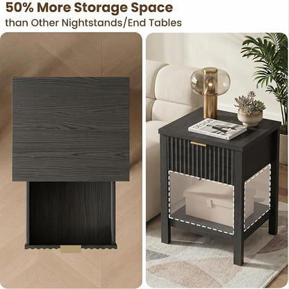Fluted Night Stand with Golden Handle, Bedside Table with Storage Shelf - Image 4