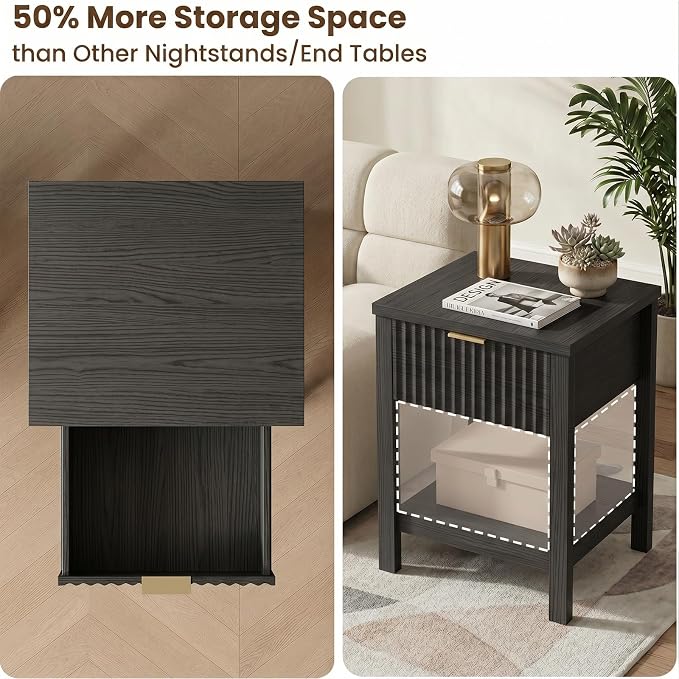 Fluted Night Stand with Golden Handle, Mid-Century Nightstands with Drawer - Image 4