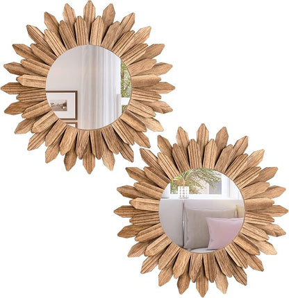 Honiway Boho Wall Decor Mirror 2 Pack Rustic Wood Mirror 12 inch Boho Mirror by Honiway