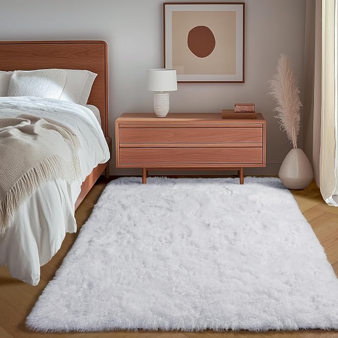 White Area Rugs for Bedroom Living Room, Fluffy 4x6 Soft Shag Plush Bedside Rug - Image 5