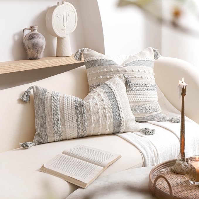 Gray Boho Decorative Throw Pillow Cover 18x18 Square Farmhouse Accent Cushion - Image 5