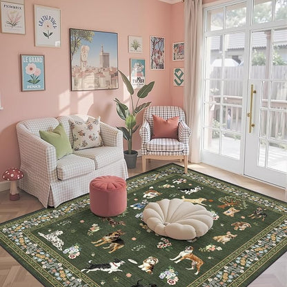 Dark Green Area Rug 4x6 for Bedroom Dining Room | Boho Style; Low Pile; Non - Image 4