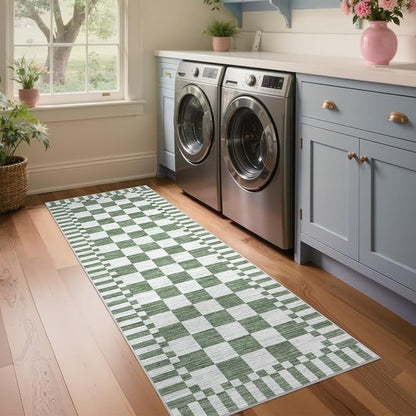 GarveeHome 2.5x10 Green Checkered Kitchen Runner Rug - Image 2