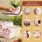Maison d' Hermine 100% Cotton Oven Mitt & Pot Holder Set (7.5"x13" & 8"x8") Heat Resistant BBQ Cooking Gloves with Loop, Baking, Grilling, Kitchen, Handling Hot Pans (Holy Jouy - Brown)