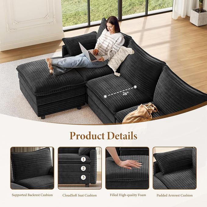 Vesgantti 108" U Shaped Sectional Couch, Comfy Cloud Modular Sectional Sofa - Image 4
