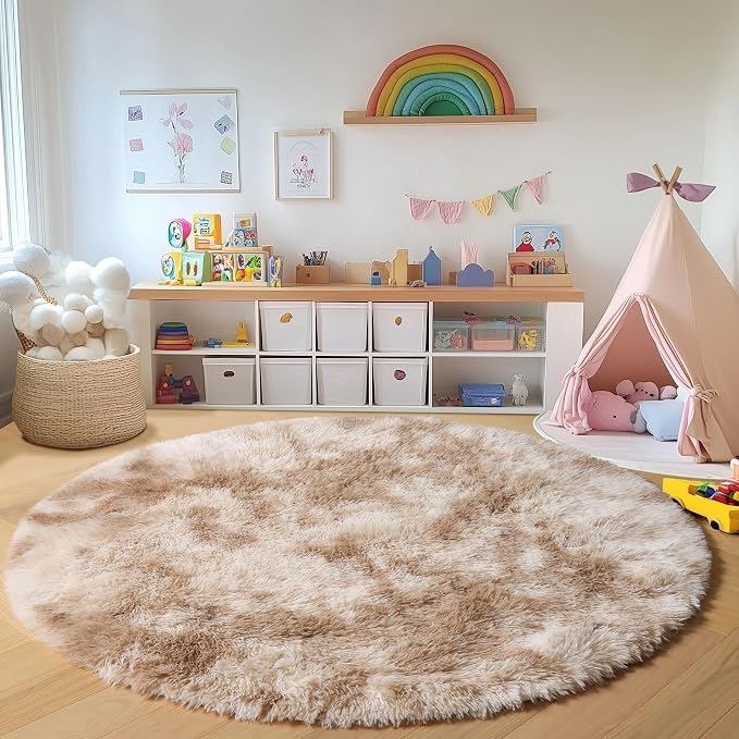 Tie-Dye Beige Round Area Rug 4ft, Soft Bedroom Circle Rugs Floor Mats - Image 4