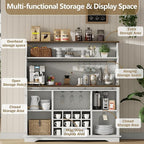 55 Inch Farmhouse Coffee Bar Cabinet with 3-Tier Storage, Kitchen Hutch with 12 Wine Racks & 3 Glass Holders, Coffee Bar with 6 Hooks, Wine Bar Cabinet for Dining Living Room, White