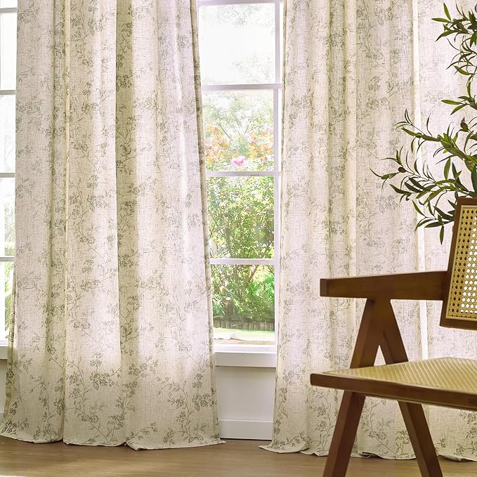 Green Vintage Floral Linen Curtains Farmhouse 50W X 63L 2 Panels | Elisa Series - Image 7