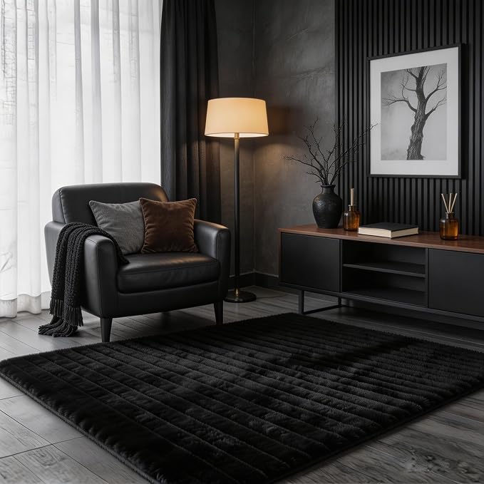 Black Rabbit Striped Plush Rug 3'x5', Fluffy Faux Fur Shaggy Area Rug by CHOVY