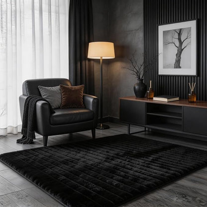 Black Rabbit Striped Plush Rug 3'x5', Fluffy Faux Fur Shaggy Area Rug by CHOVY