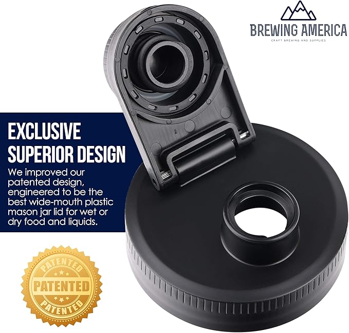 Brewing America Creamer Jar with Pouring Lid, 1 Pint (16 oz) Mason Jar with Black Wide Mouth Pour Lid, for Milk, Sugar, and Cream, 1-Pack (Black)