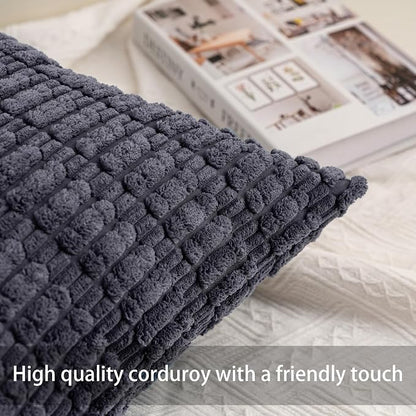 Pack of 2 Corduroy Decorative Throw Pillow Covers 12x20 Inch, Dark Grey | Fall - Image 2