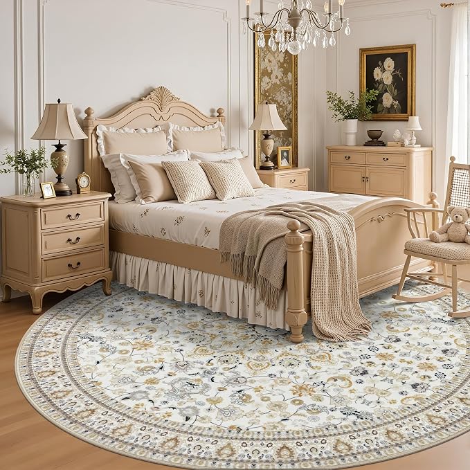 Round Area Rug for Living Room: 8ft Washable Rug for Bedroom Beige | Vintage - Image 4