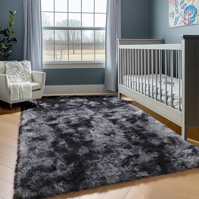 Area Rugs 9x12 Living Room, Tie-Dyed Dark Grey Large Fluffy Bedroom Rug - Image 6