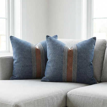 Set of 2 Leather Throw Pillow Covers Cotton Linen Decor Patchwork Pillow Cover - Image 2