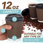 Promora Brown Disposable Coffee Cups With Lids 12 oz, Premium Insulated Paper Ripple Cups for Hot Coffee, Paper Cups 12 oz Coffee Cups 12 oz, Paper Coffee Cup with Lids (80 Pack)